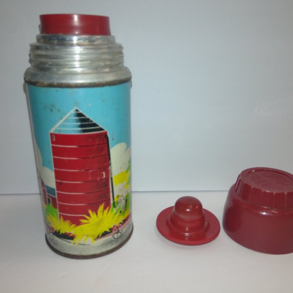 Holtemp Farm Scene Metal Thermos 10 Oz. 1962 Vintage w/ Red Stopper and Cap